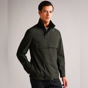 Ted Baker Checked Overhead Funnel Neck Jacket, Size 6, Khaki